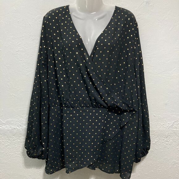 June + Vie Womens Blouse Wrap Top Black Gold Metallic Sheer Polka Dot 24W - Picture 1 of 11